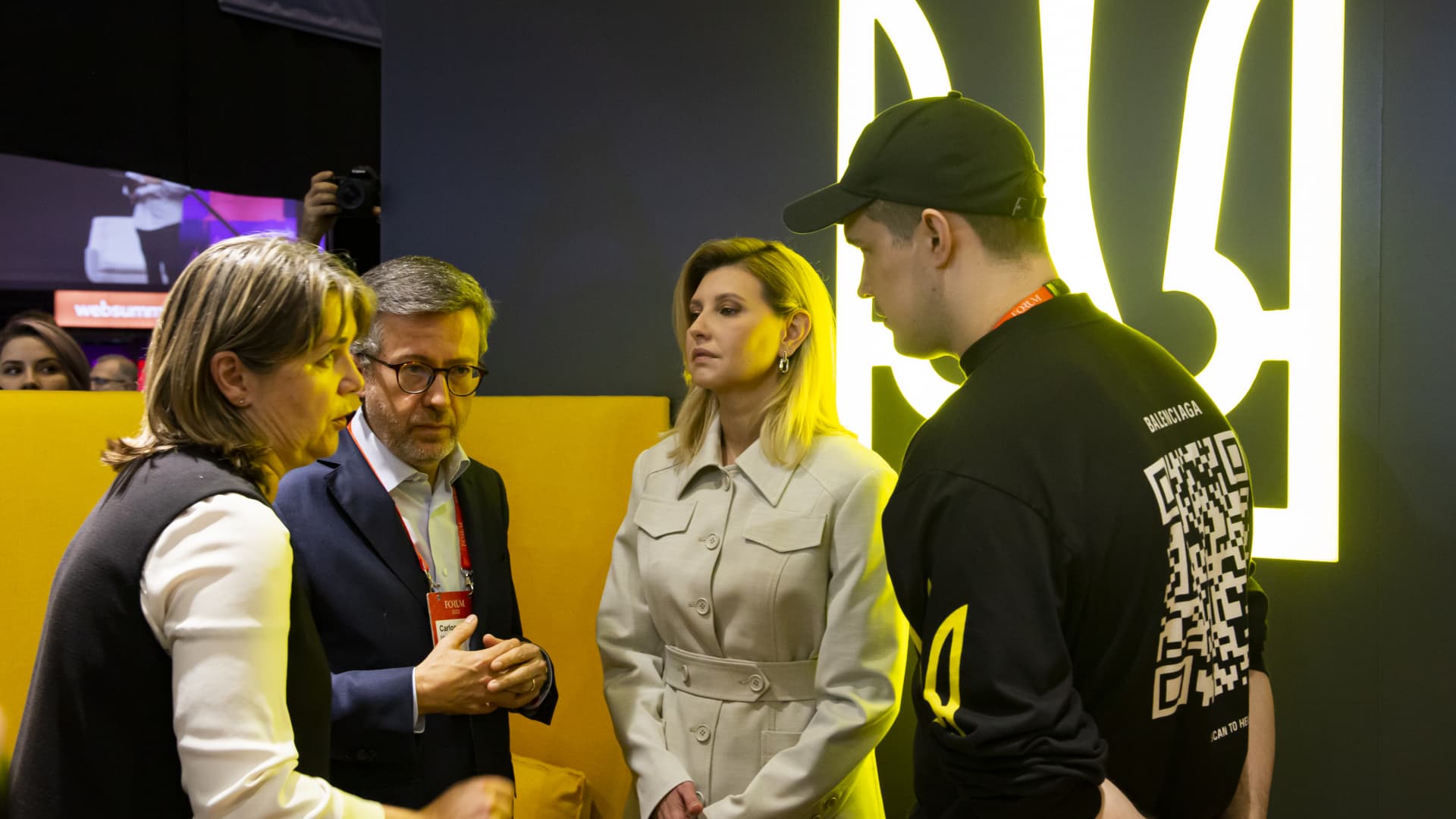 Ukraine Vice Prime Minister Mykhailo Fedorov (right) and First Lady Olena Zelenska (center) attend the Ukraine booth at Web Summit 2022.