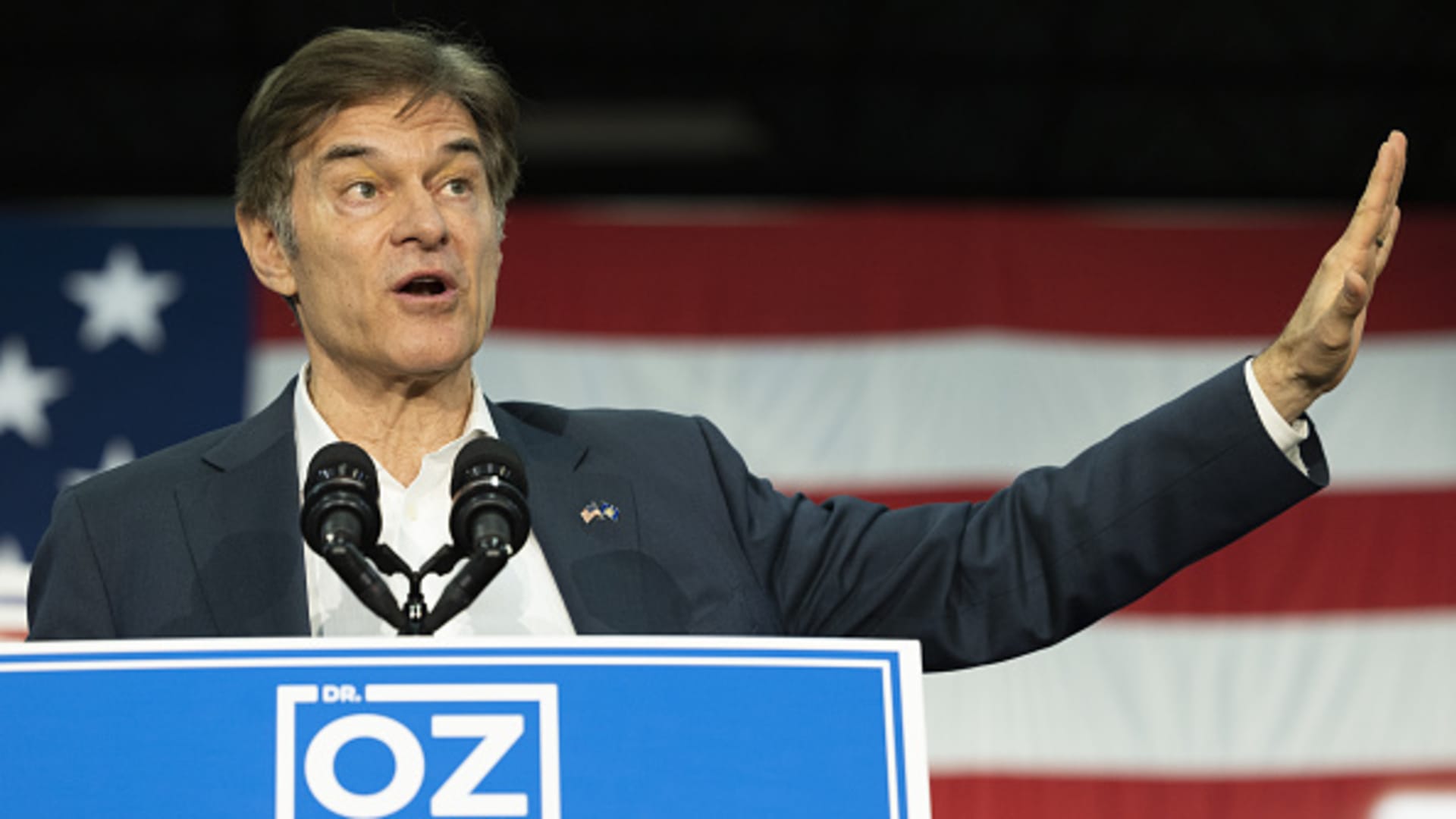 Mehmet Oz, US Republican Senate candidate for Pennsylvania, speaks during a 'Get Out The Vote' rally at Flexicon Corp. in Bethlehem, Pennsylvania, US, on Sunday, Nov. 6, 2022.