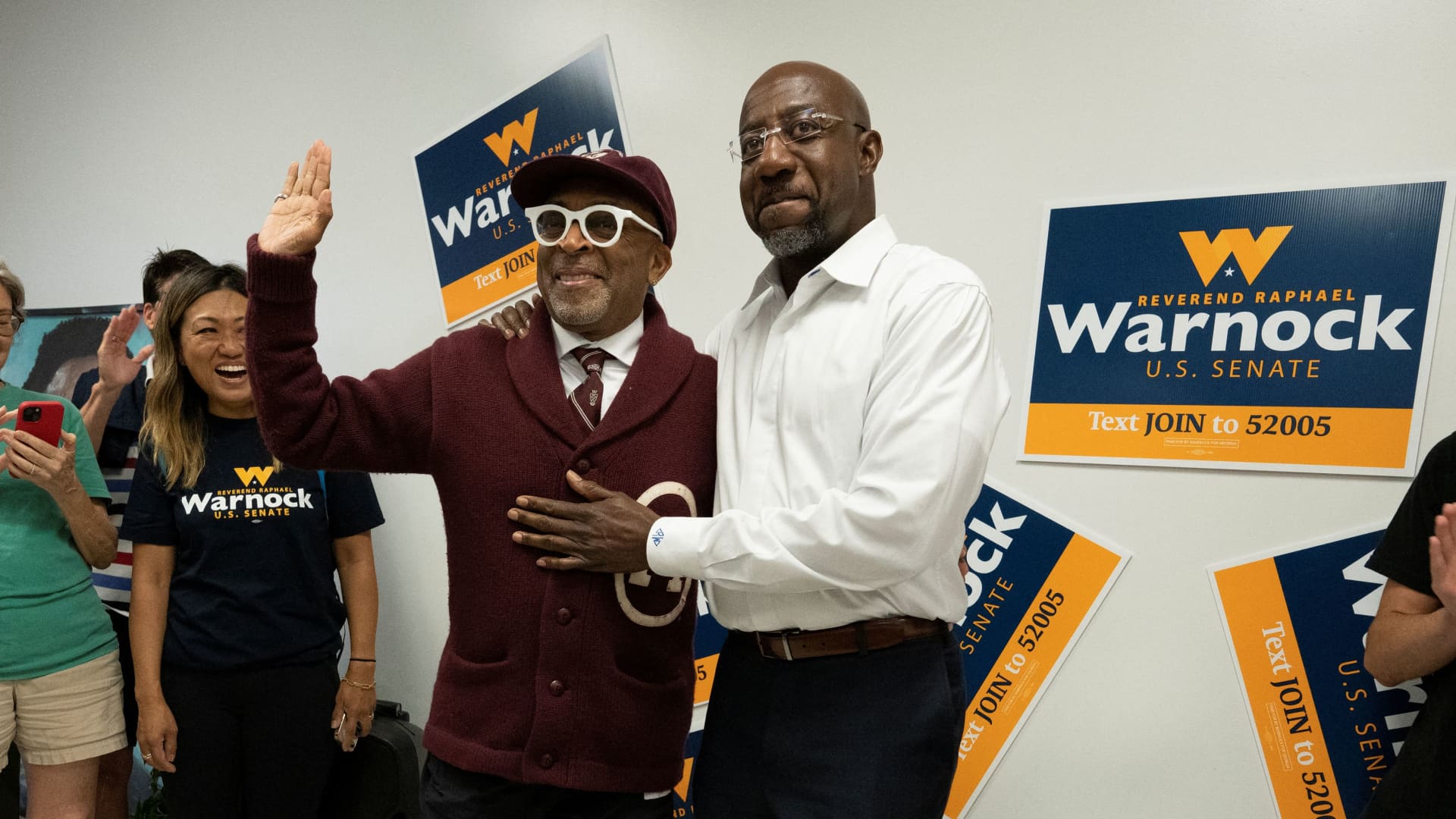 Rev. Raphael Warnock, Democratic Senator for Georgia is joined by director Spike Lee at a midterm election campaign event in Savannah, Georgia, U.S., November 6, 2022.