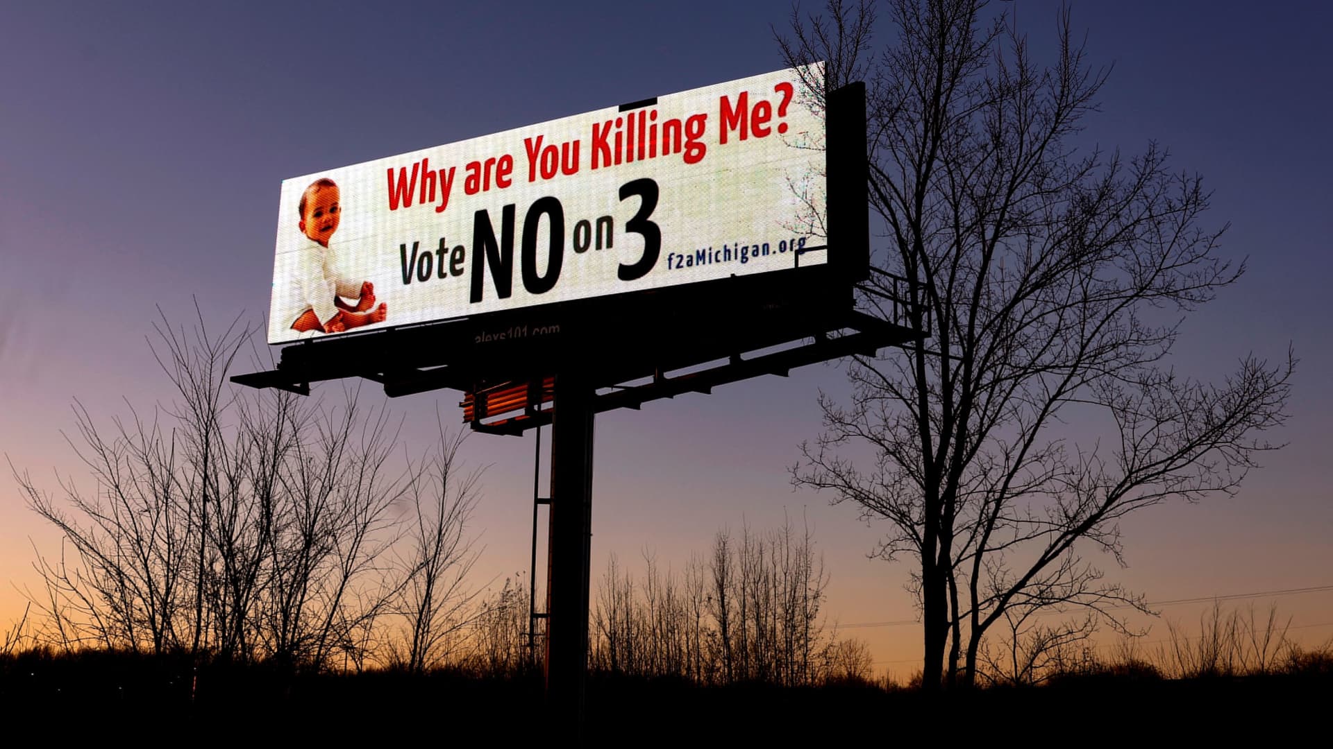 A billboard against Proposal 3, a ballot measure which would codify the right to an abortion, is seen along I-75 outside of Detroit, Michigan, U.S., November 6, 2022. 