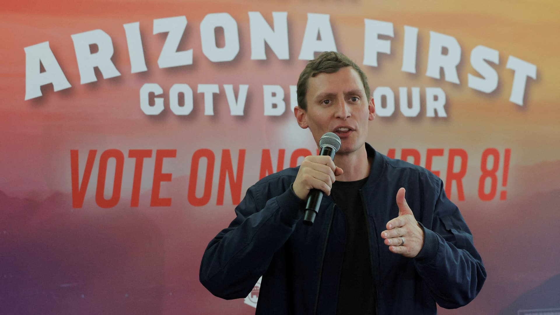 Republican candidate for the U.S. Senate Blake Masters speaks during a campaign stop on the Arizona First GOTV Bus Tour, ahead of the midterm elections, in Phoenix, Arizona, November 7, 2022.