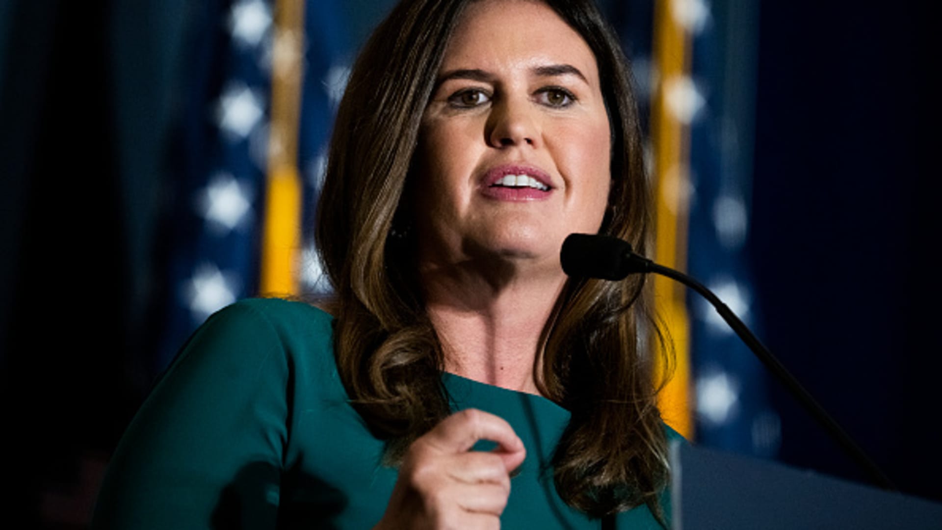 Sarah Huckabee Sanders, former Trump White House press secretary, addresses the America First Policy Institute's America First Agenda Summit at the Marriott Marquis on Tuesday, July 26, 2022.