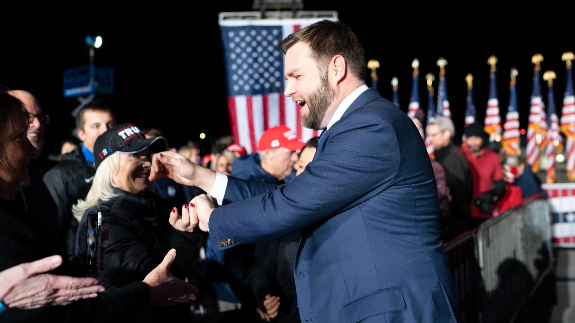 VANDALIA, OH - NOVEMBER 7: J.D. Vance, Republican candidate for the 2022 United States Senate election in Ohio meets the crowd after speaking. Donald Trumps Save America Rally was held in Vandalia, Ohio on Monday, November 07, 2022. (Photo by Sarah L. Voisin/The Washington Post via Getty Images)