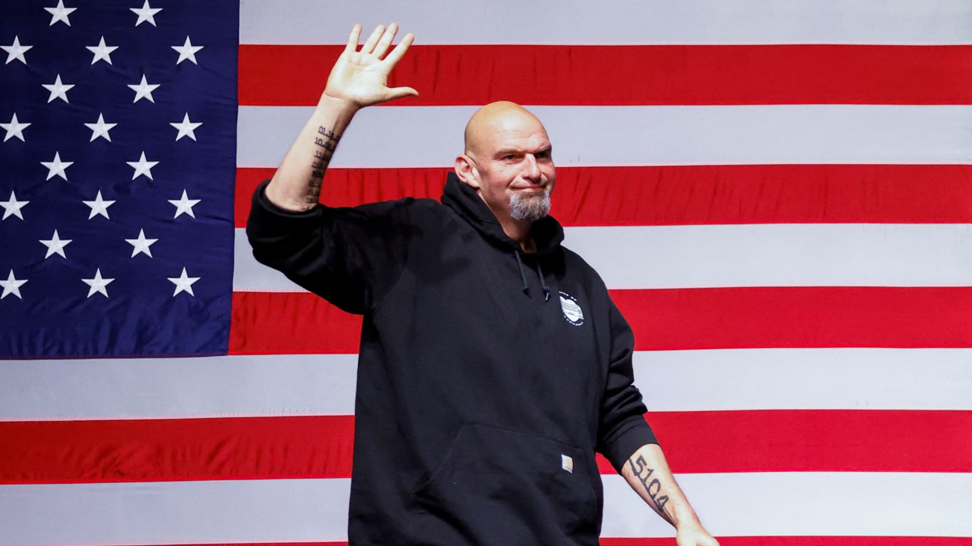 Pennsylvania Lieutenant Governor and U.S. Senate candidate John Fetterman arrives to speak during his 2022 U.S. midterm elections night party in Pittsburgh, Pennsylvania, U.S., November 9, 2022.