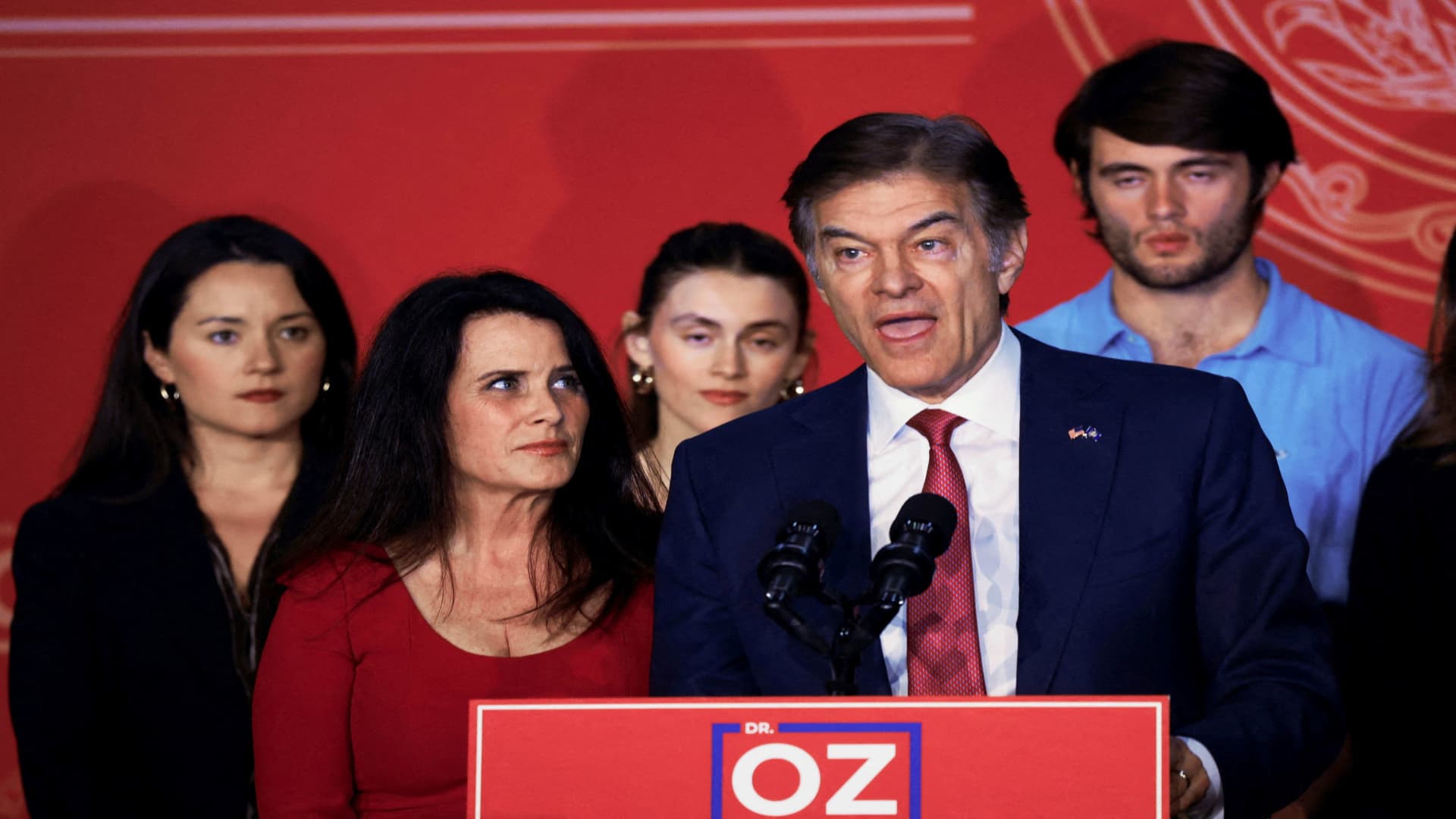 Republican Pennsylvania U.S. Senate candidate Mehmet Oz with his wife and family attend his 2022 U.S. midterm elections night party in Philadelphia, Pennsylvania, U.S., November 8, 2022. 