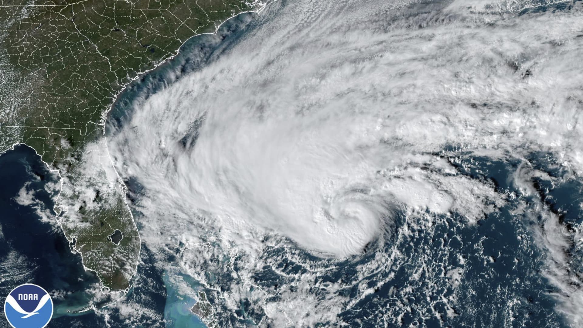 This GOES-East GoeColor satellite image taken at 2:36 p.m. EST and provided by NOAA shows Tropical Storm Nicole approaching toward the northwestern Bahamas and Florida's Atlantic coastline on Tuesday, Nov. 8, 2022.