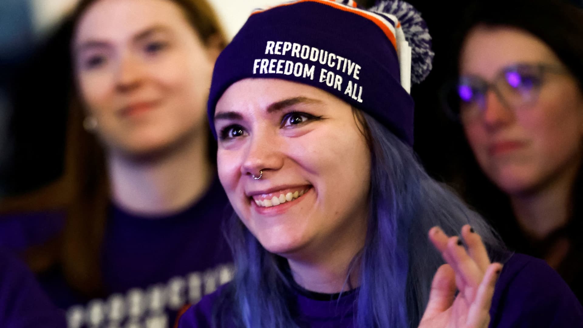 Women cheer as they hear early voting results indicating the passage of Proposal 3, a midterm ballot measure that enshrines abortion rights, during a Reproductive Freedom For All watch party on U.S. midterm election night in Detroit, Michigan, November 8, 2022. 