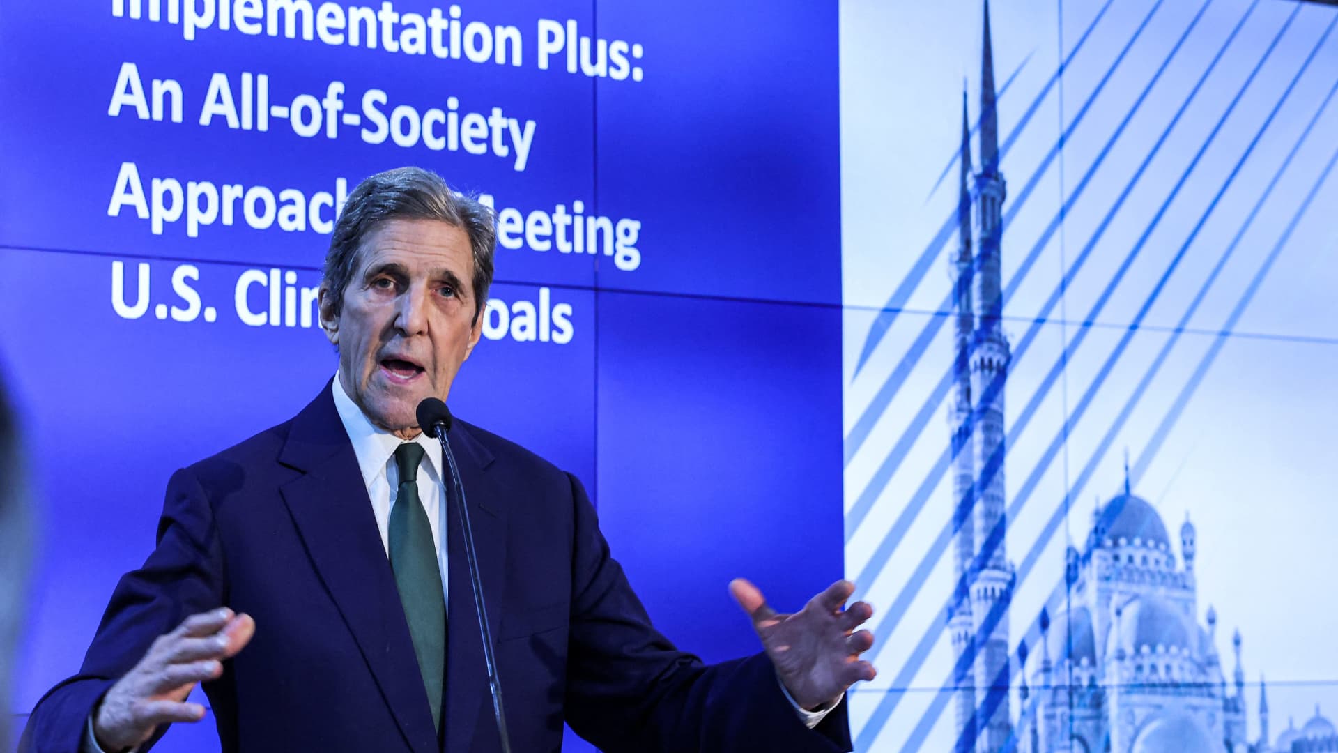 US Special Presidential Envoy for Climate John Kerry speaks at the opening of the US Pavilion during the COP27 climate conference at the Sharm el-Sheikh International Convention Centre, in Egypt's Red Sea resort city of the same name, on November 8, 2022.