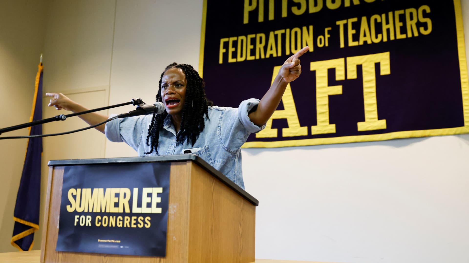 Democratic U.S. House of Representatives candidate Summer Lee speaks at a campaign event in Pittsburgh, Pennsylvania, U.S. November 6, 2022. 