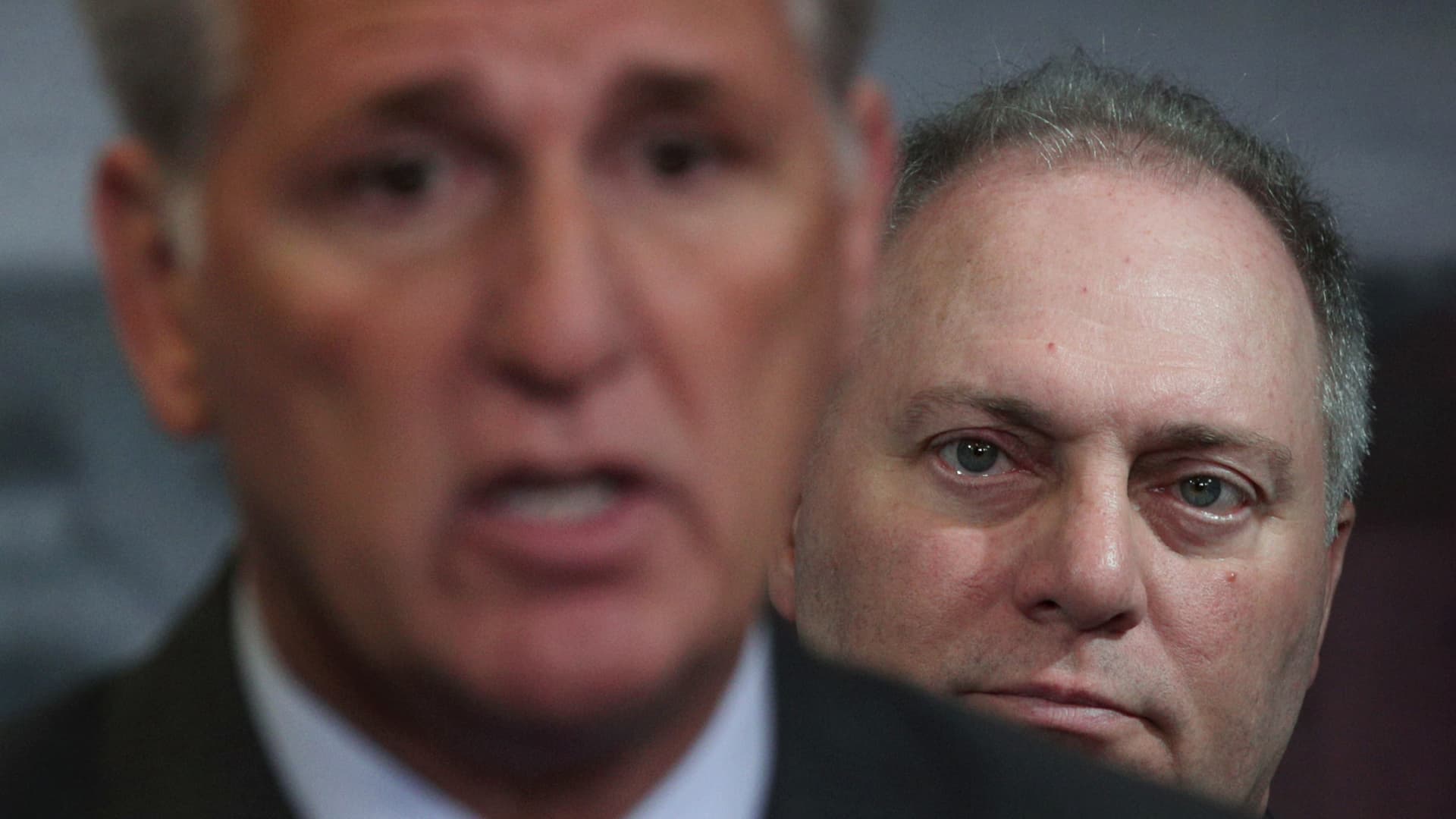U.S. House Minority Leader Rep. Kevin McCarthy (R-CA) speaks as House Minority Whip Rep. Steve Scalise (R-LA) listens during a news conference at the U.S. Capitol September 25, 2019 in Washington, DC.