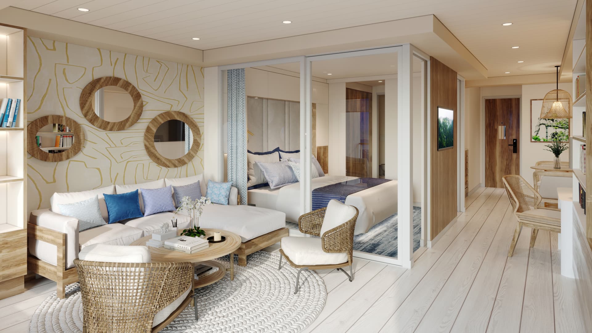 A computer-generated image of a bedroom and living area on board the MV Narrative. Long-lease residences are priced from around $875,000 to $8 million.