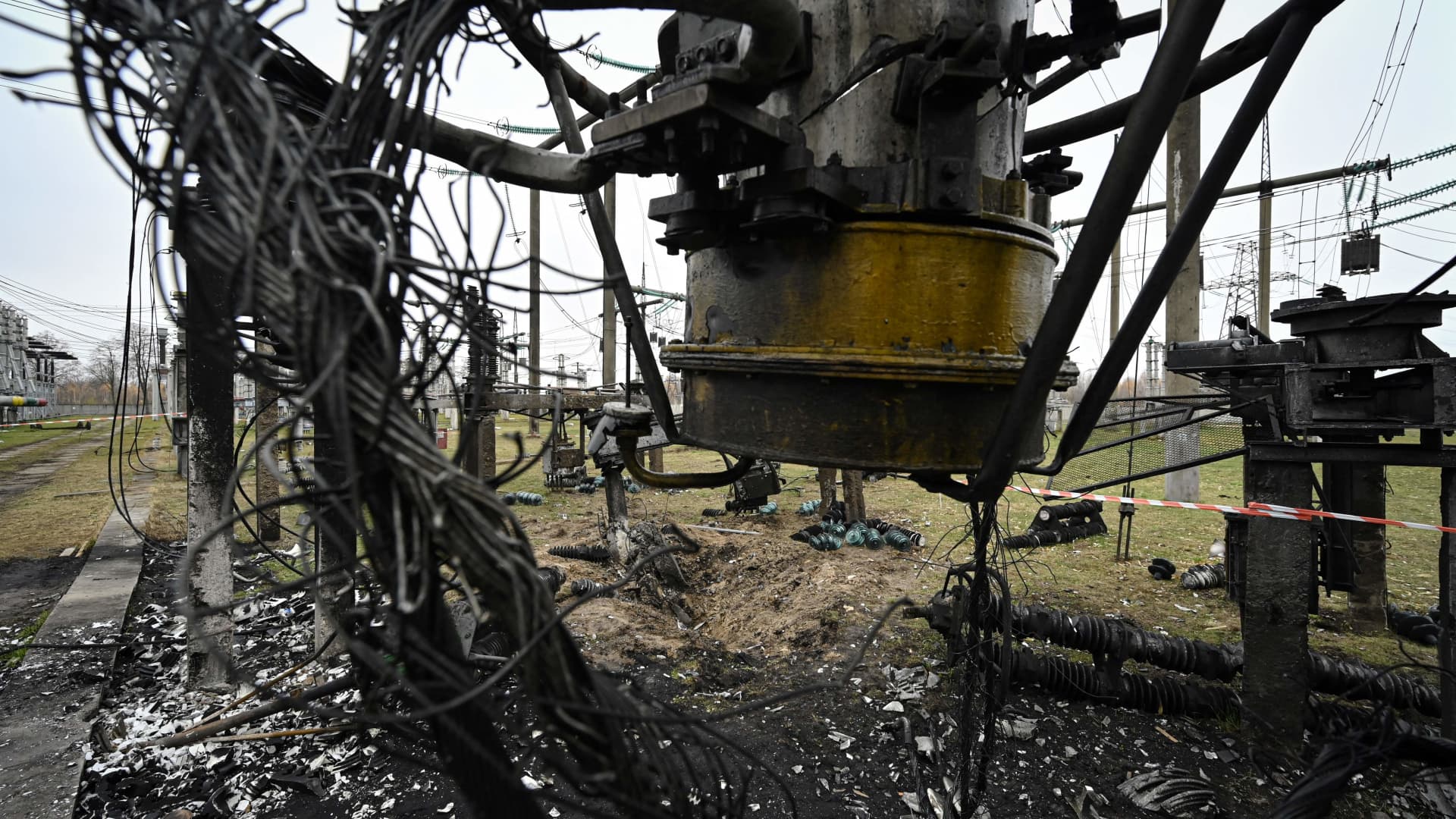 A picture shows damaged equipment at a high-voltage substation of the operator Ukrenergo after a missile attack, in central Ukraine, on November 10, 2022 amid the Russian invasion of Ukraine. 