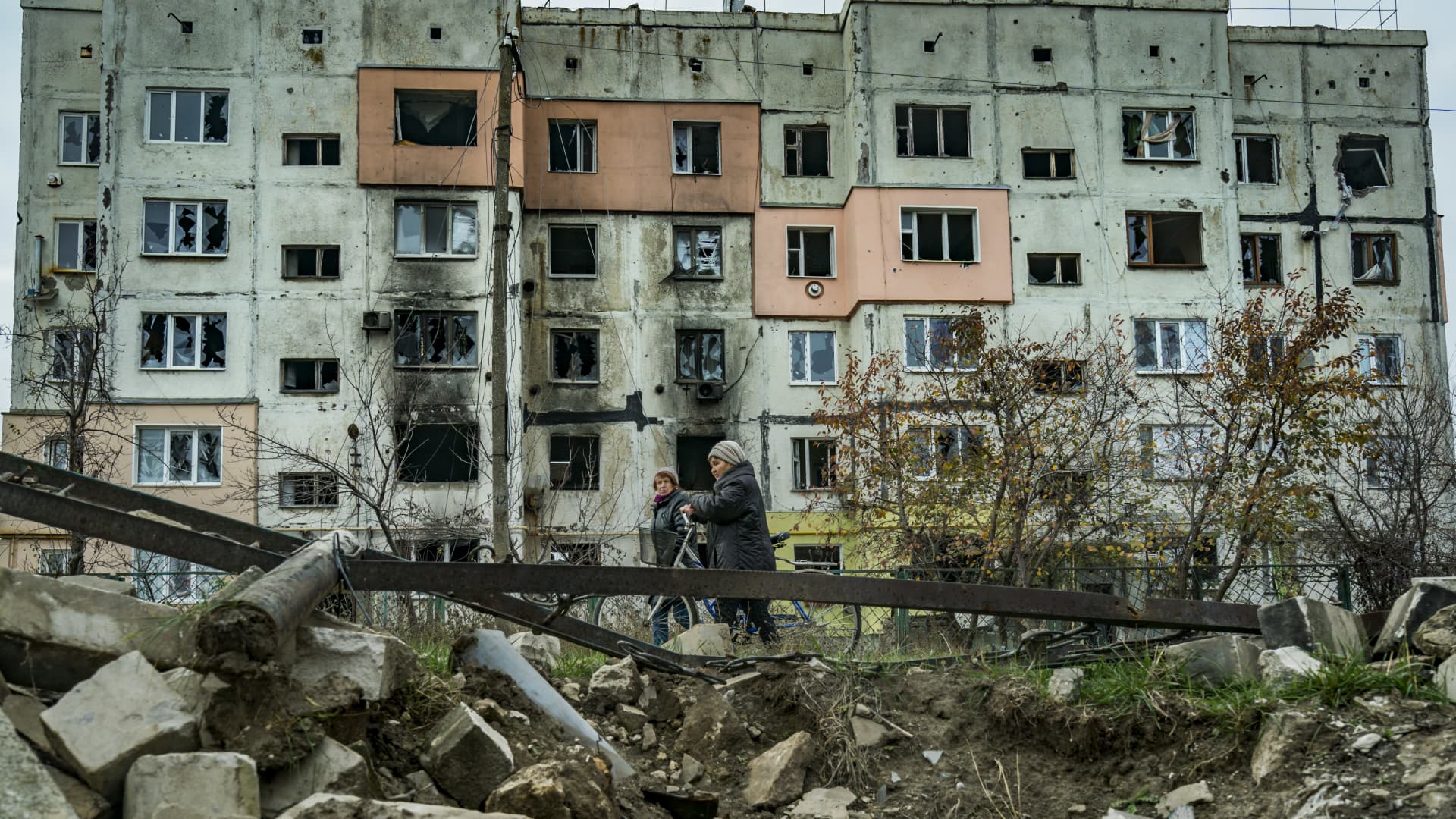 Destroyed buildings pictured on Nov. 9 in Arkhanhelske, a recently liberated village in Kherson province, Ukraine.