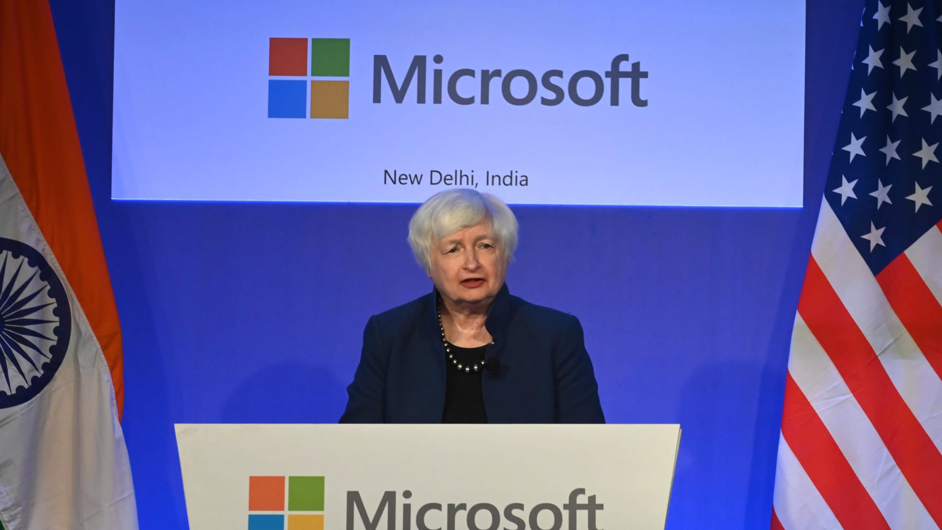 US Treasury Secretary Janet Yellen speaks during her visit at the Microsoft India Development Center in Noida at Uttar Pradesh India on November 11, 2022.