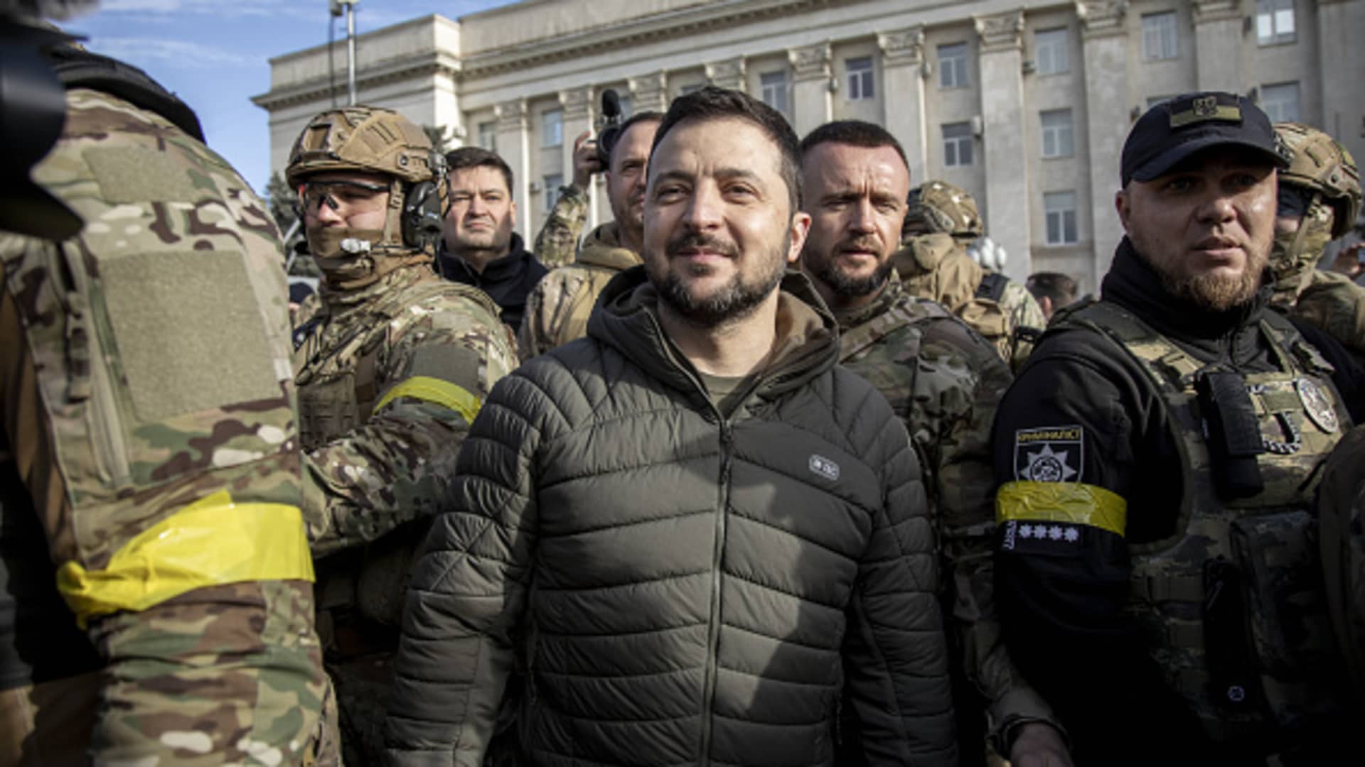 Ukrainian President Volodymr Zelenskyy visits Kherson City for first time after the withdrawal of Russian troops in Ukraine, on Nov. 13, 2022.