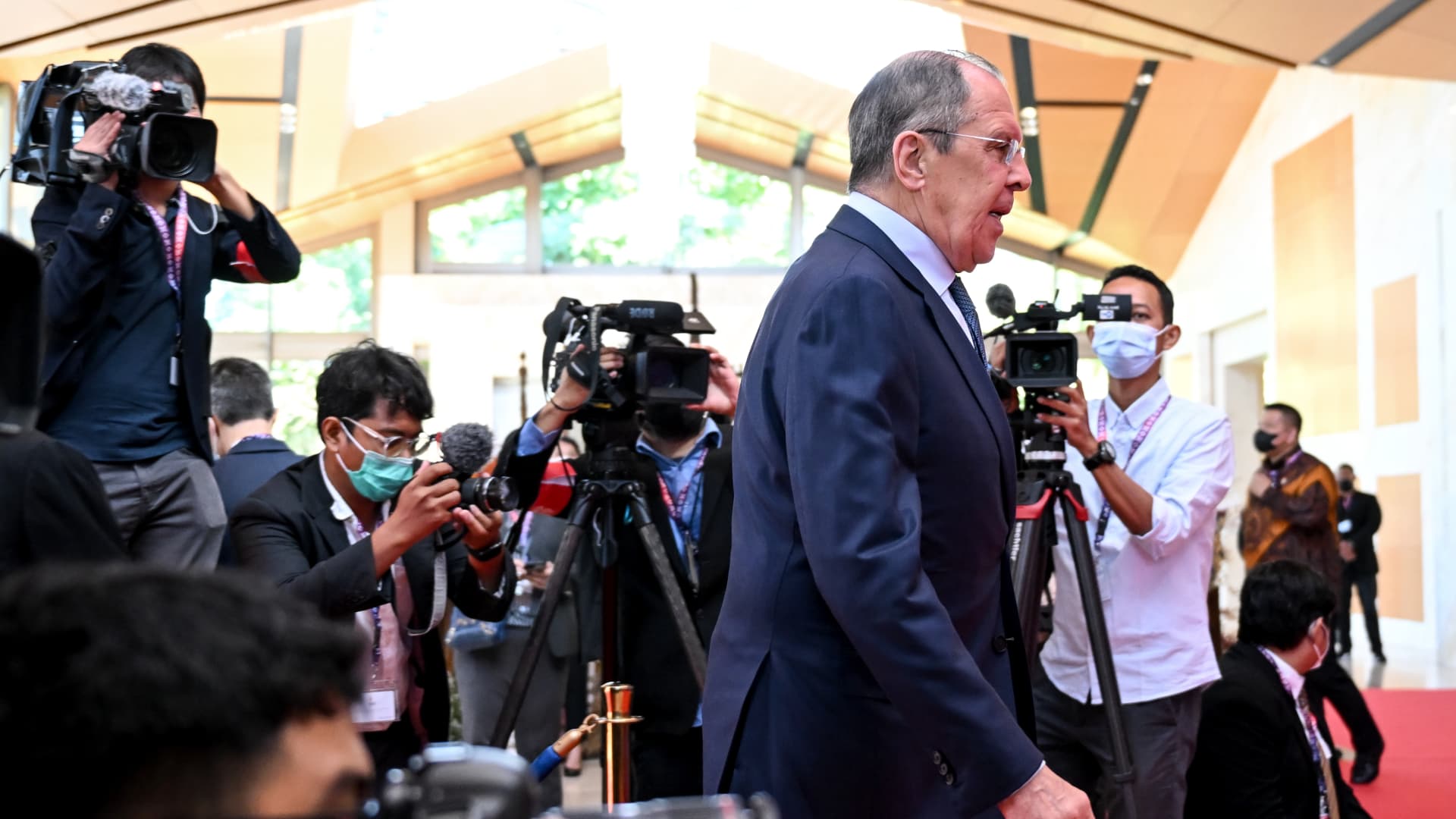 Russian Foreign Minister Sergei Lavrov arrives for the G-20 Foreign Ministers' Meeting in Indonesia.