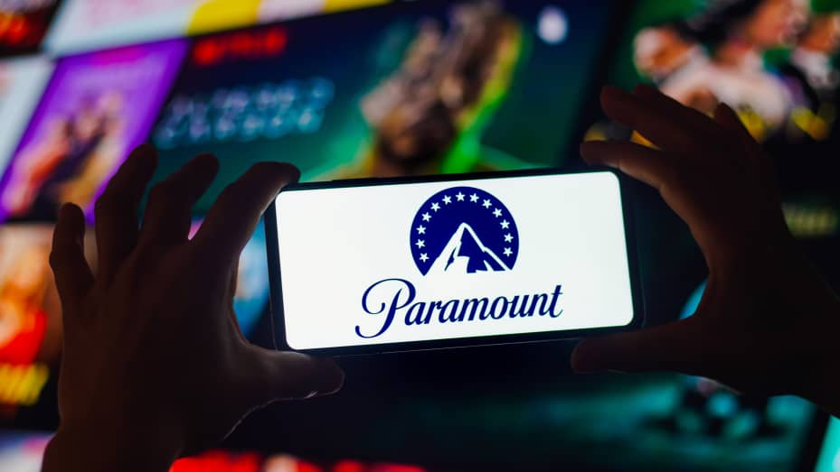 In this photo illustration, the Paramount Global logo is displayed on a smartphone screen.