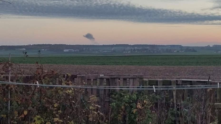 Smoke rises in the distance, amid reports of two explosions, seen from Nowosiolki, Poland, near the border with Ukraine November 15, 2022 in this image obtained from social media.