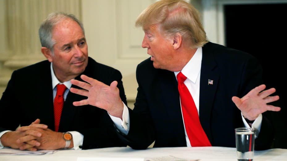 Blackstone CEO Stephen Schwarzman listens to U.S. President Donald Trump during Trump's strategy and policy forum with chief executives of major U.S. companies at the White House in Washington February 3, 2017.