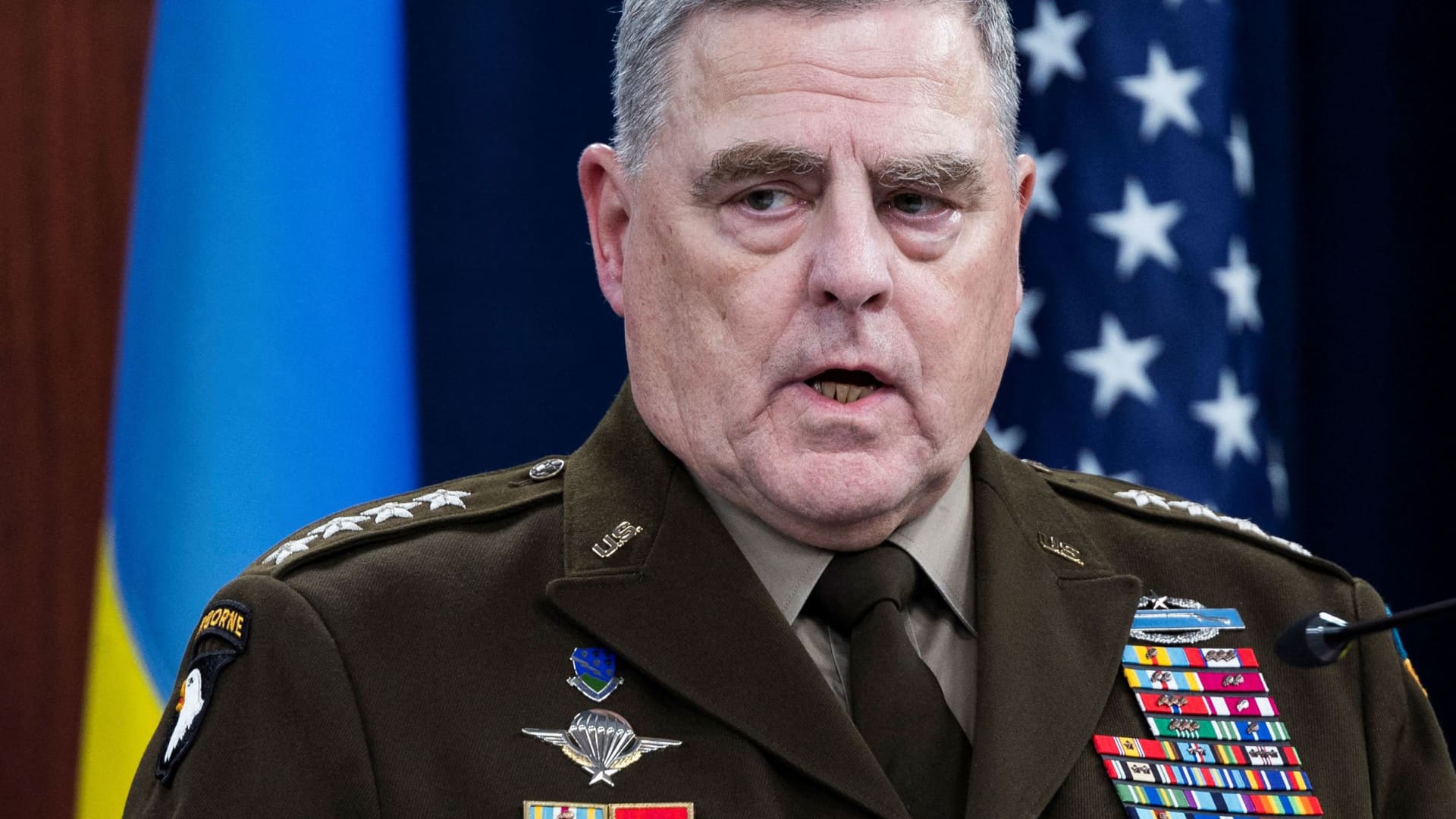 U.S. Joint Chiefs Chair Army General Mark Milley speaks during a news briefing after participating a virtual Ukraine Defense Contact Group meeting at the Pentagon in Arlington, Virginia, November 16, 2022.