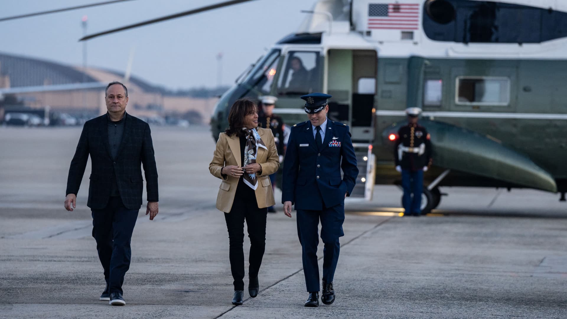 U.S. Vice President Kamala Harris and Second Gentleman Doug Emhoff (L) depart Joint Base Andrews en route to Thailand for the Asia-Pacific Economic Cooperation summit on Nov. 16, 2022.