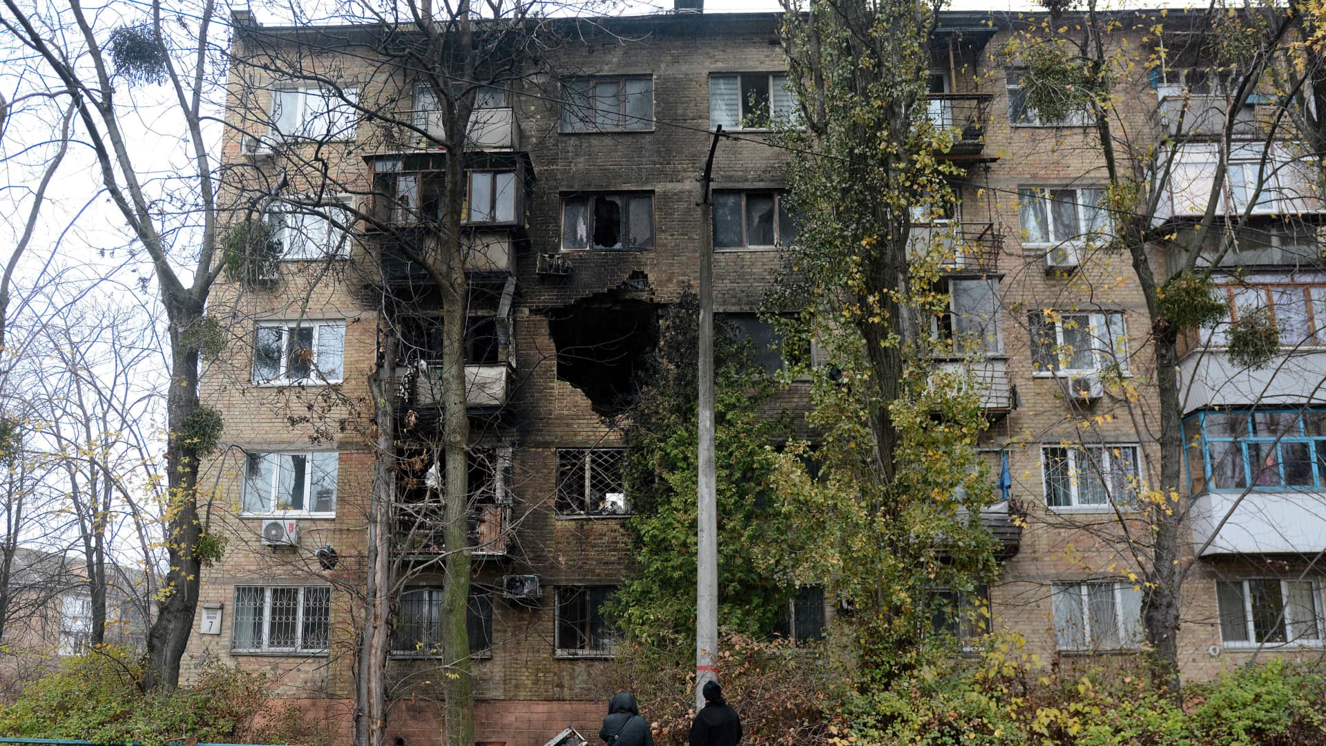Burned balconies and broken load-bearing structures of a residential building are seen after a massive Russian attack on Kyiv on November 15, 2022.