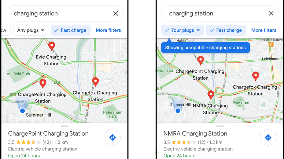 Find stations with fast chargers (left) and plugs compatible with your EV (right).