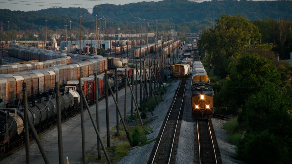CSX Transportation freight trains sit parked in a railroad yard in September during the initial threat of a potential freight rail workers union strike.