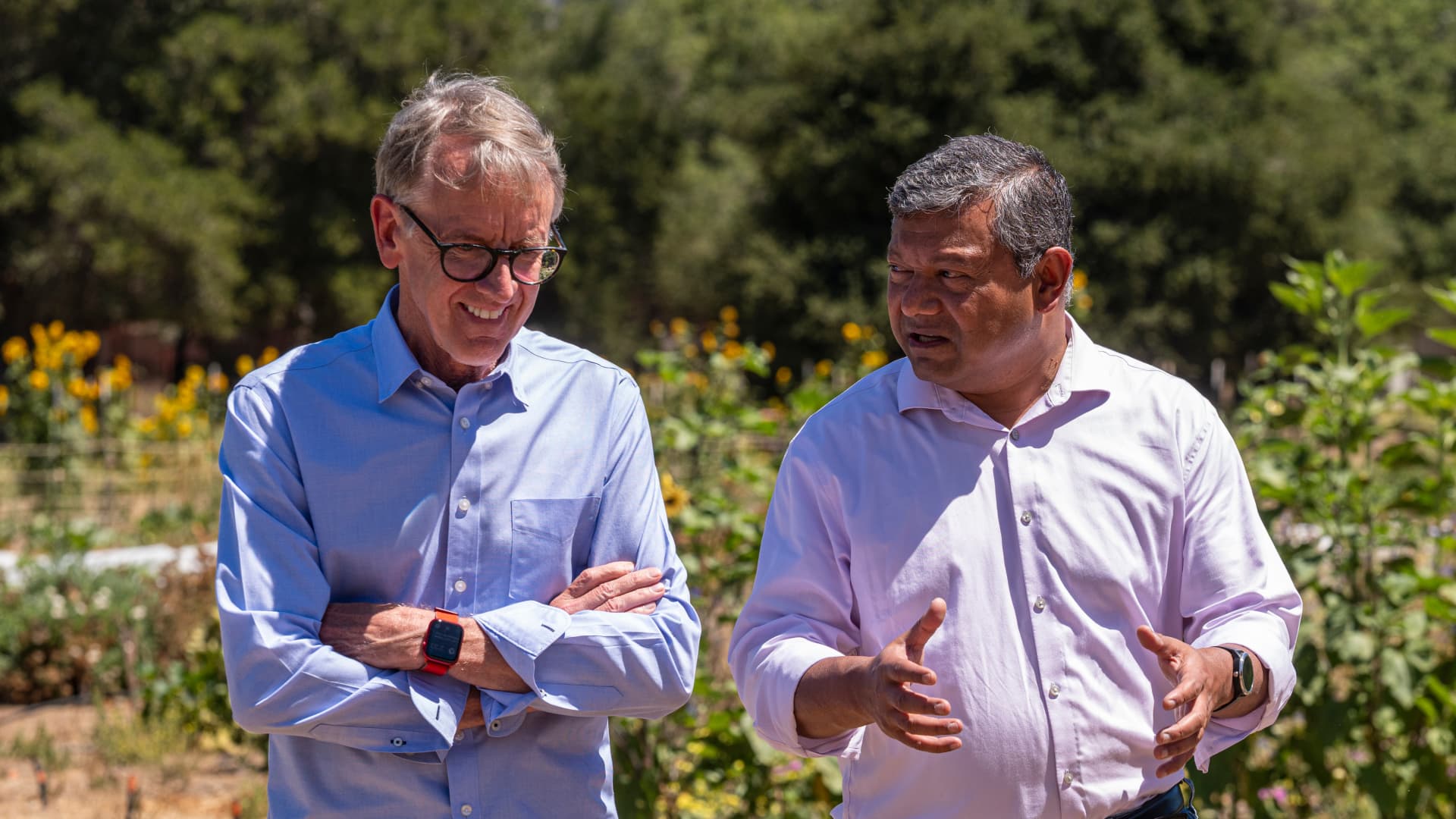 John Doerr, chairman and co-founder of Kleiner Perkins Caufield, left, and Arun Majumdar, dean of Stanford University's Doerr School of Sustainability, during an interview on an episode of Bloomberg Wealth with David Rubenstein in Stanford, California, US, on Friday, July 22, 2022. Venture capitalist John Doerr invested early in Google and Amazon, but passed on Tesla Inc. It's one of his biggest regrets.