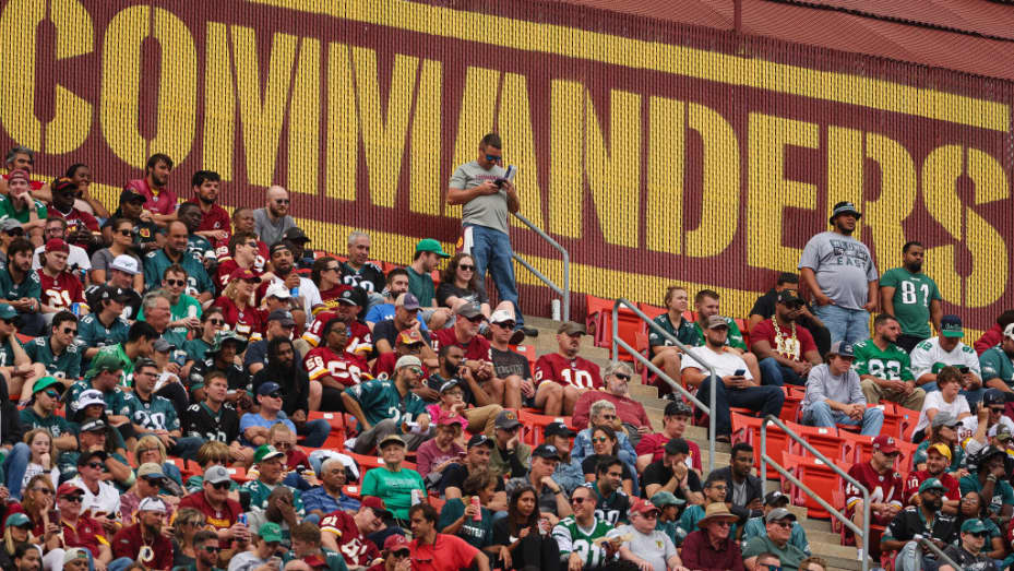 A general view of fans in front of the Washington Commanders logo during the first half of the game between the Washington Commanders and the Philadelphia Eagles at FedExField on September 25, 2022 in Landover, Maryland.
