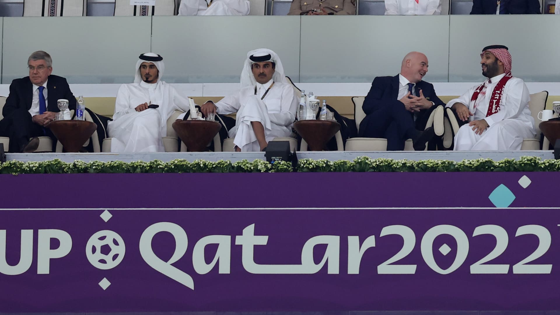 FIFA President Gianni Infantino (2ndR) and Saudi Arabia's Crown Prince Mohammed bin Salman al-Saud during the FIFA World Cup Qatar 2022 Group A match between Qatar and Ecuador at Al Bayt Stadium on November 20, 2022 in Al Khor, Qatar.