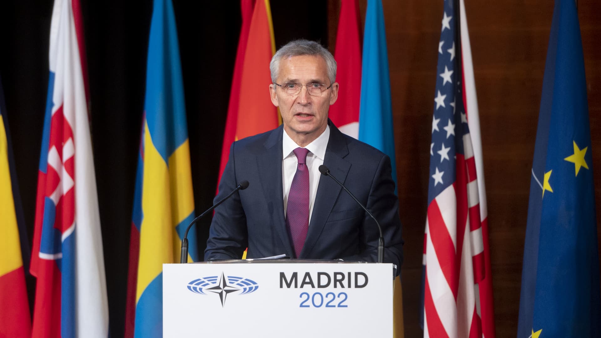 North Atlantic Treaty Organization (NATO) Secretary General Jens Stoltenberg speaks during the plenary session of the third day of the 68th Annual Session of the Parliamentary Assembly in the Auditorium Ground Floor Room at the Hotel Melia Castilla, Nov. 21, 2022, in Madrid, Spain.