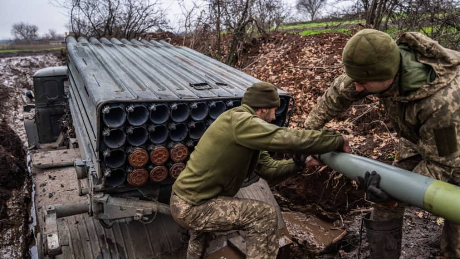 Soldiers from the 10th Mountain Assault Brigade of Ukraine unload munitions from a BM-21 Grad multiple rocket launcher near the frontlines in Donbas, Ukraine.