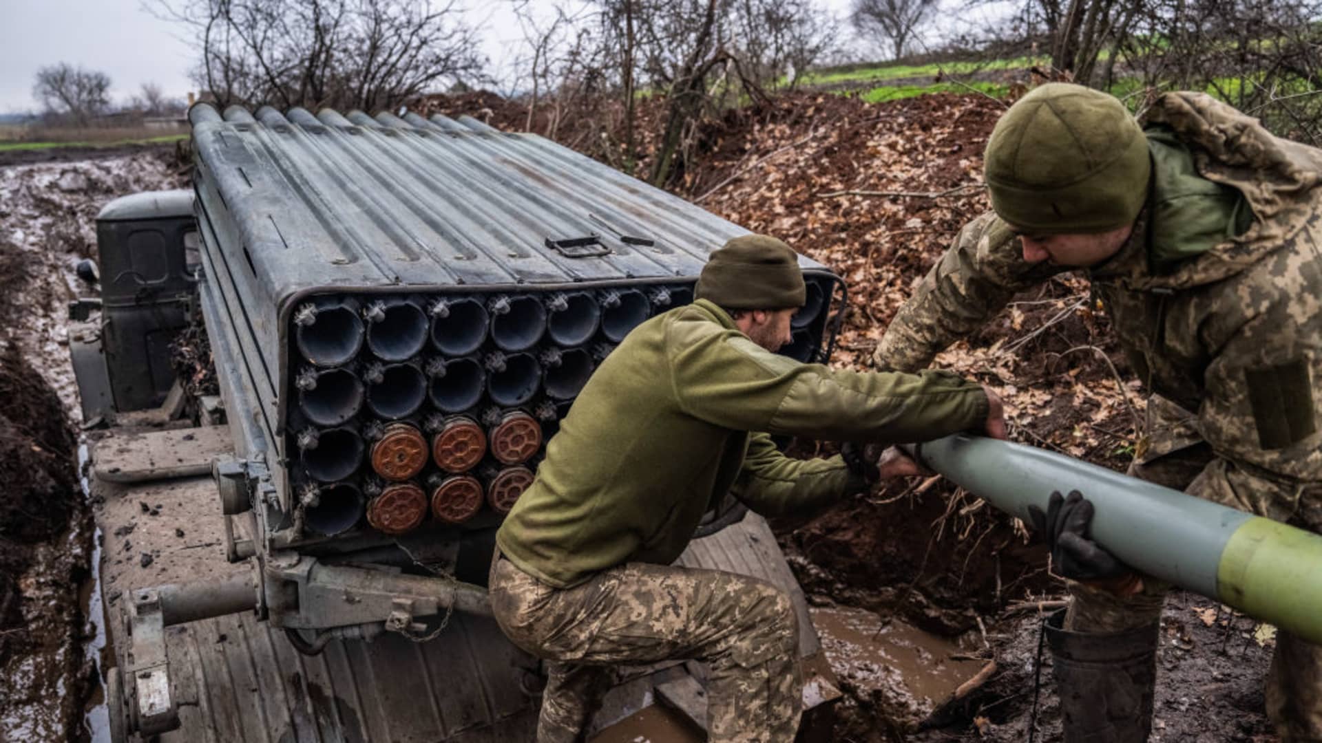 Soldiers from the 10th Mountain Assault Brigade of Ukraine unload munitions from a BM-21 Grad multiple rocket launcher near the frontlines in Donbas, Ukraine.
