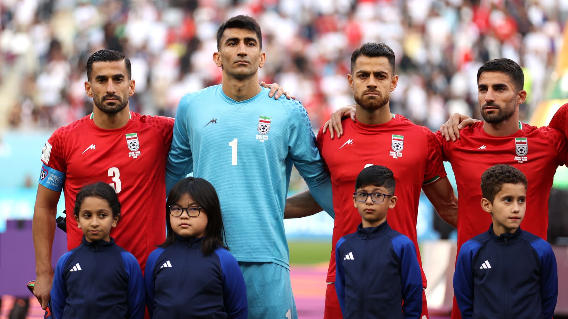 Iran players line up for the national anthem prior to the FIFA World Cup Qatar 2022 Group B match between England and IR Iran at Khalifa International Stadium on November 21, 2022 in Doha, Qatar.