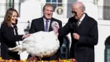 U.S. President Joe Biden speaks as he pardons the National Thanksgiving Turkey, in the annual ceremony on the South Lawn of the White House in Washington, U.S., November 21, 2022.