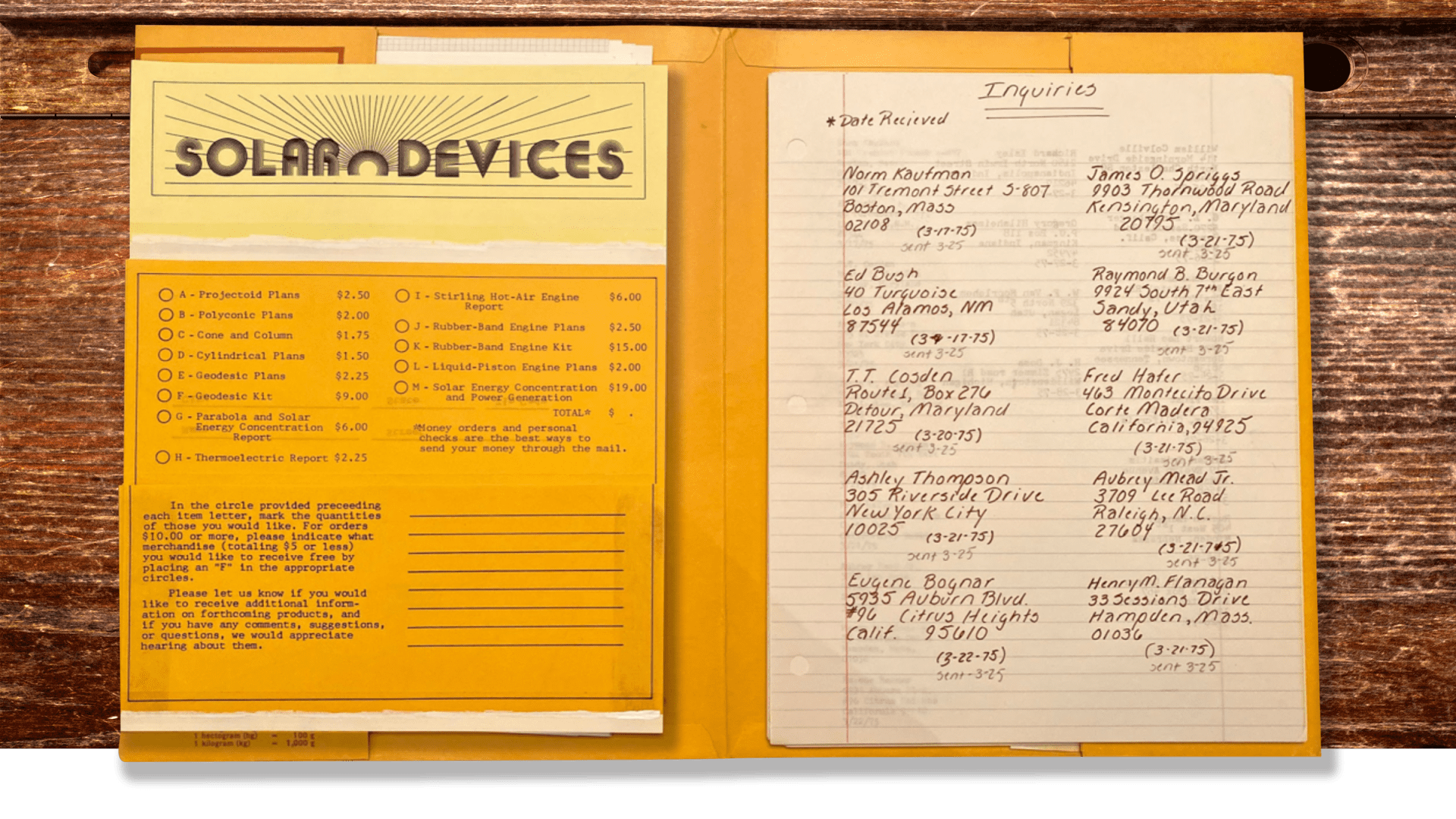 Solar Devices order tracking from Bill Gross, circa 1970's.