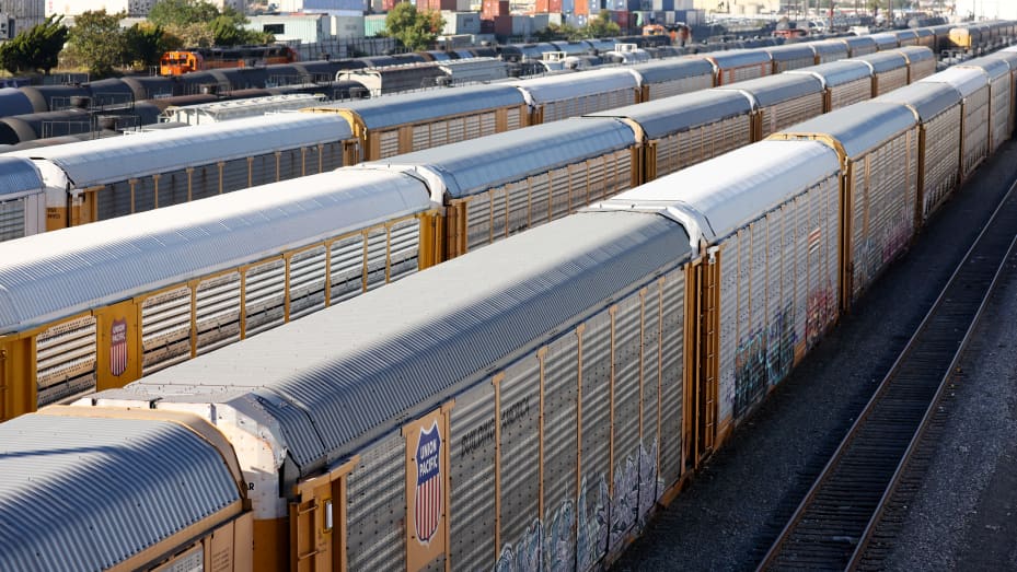 WILMINGTON, CALIFORNIA - NOVEMBER 22: Freight rail cars sit in a rail yard on November 22, 2022 in Wilmington, California. A national rail strike could occur as soon as December 5 after the nation’s largest freight rail union, SMART Transportation Division, voted to reject the Biden administration’s contract deal. About 30 percent of the nation’s freight is moved by rail with the Association of American Railroads estimating that a nationwide shutdown could cause $2 billion a day in economic losses.  (
