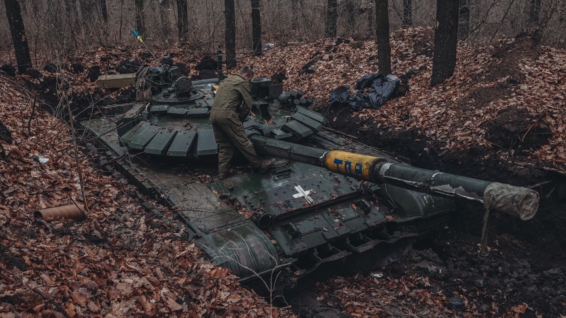 Ukrainian soldiers on the frontline in Donbass, Donetsk Oblast, Ukraine on November 22, 2022. 