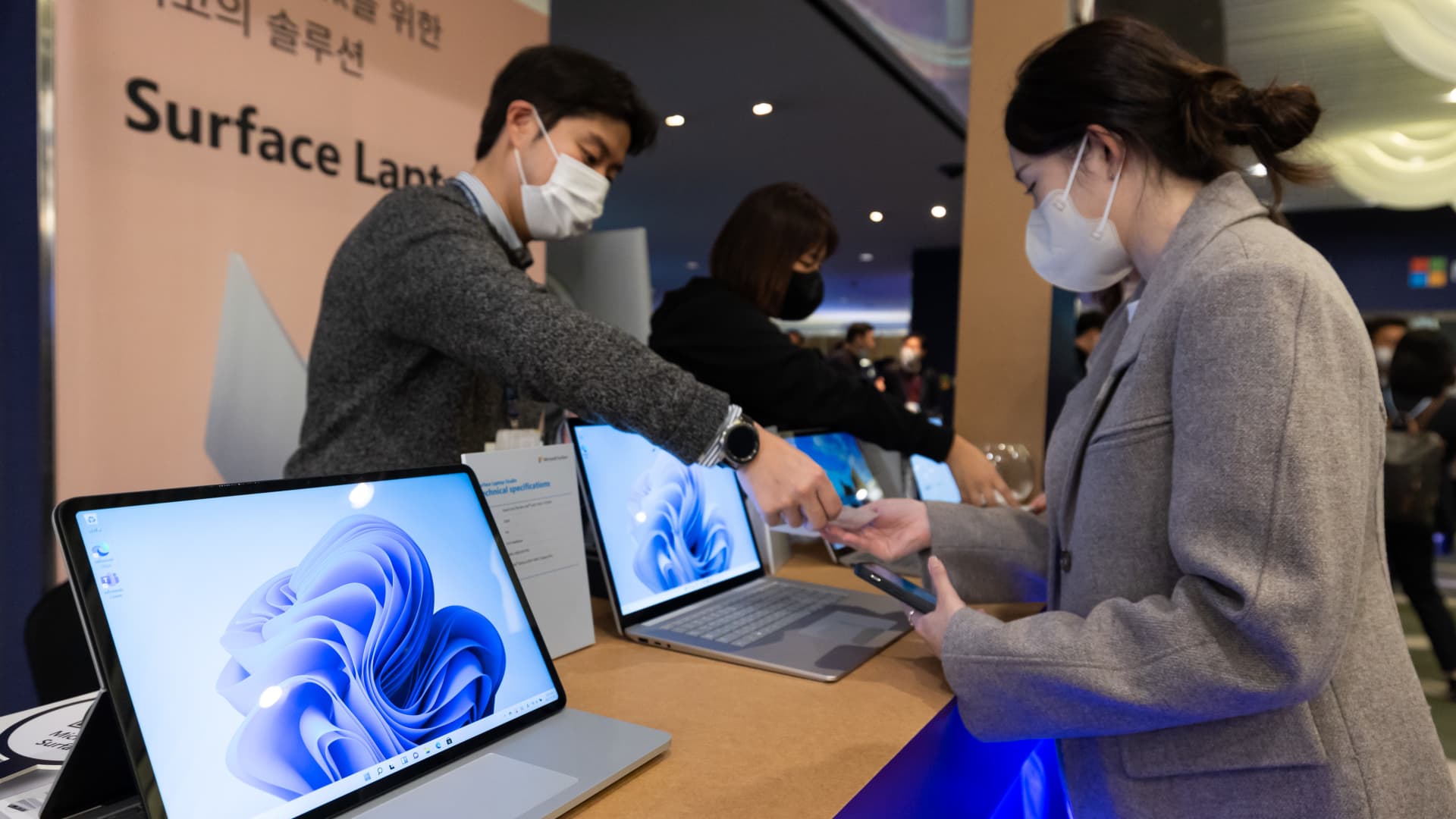 Microsoft Corp. surface 5 laptop computers on display at the company's Ignite Spotlight event in Seoul, South Korea, on Nov. 15, 2022. CEO Satya Nadella gave a keynote speech at an event hosted by the company's Korean unit.