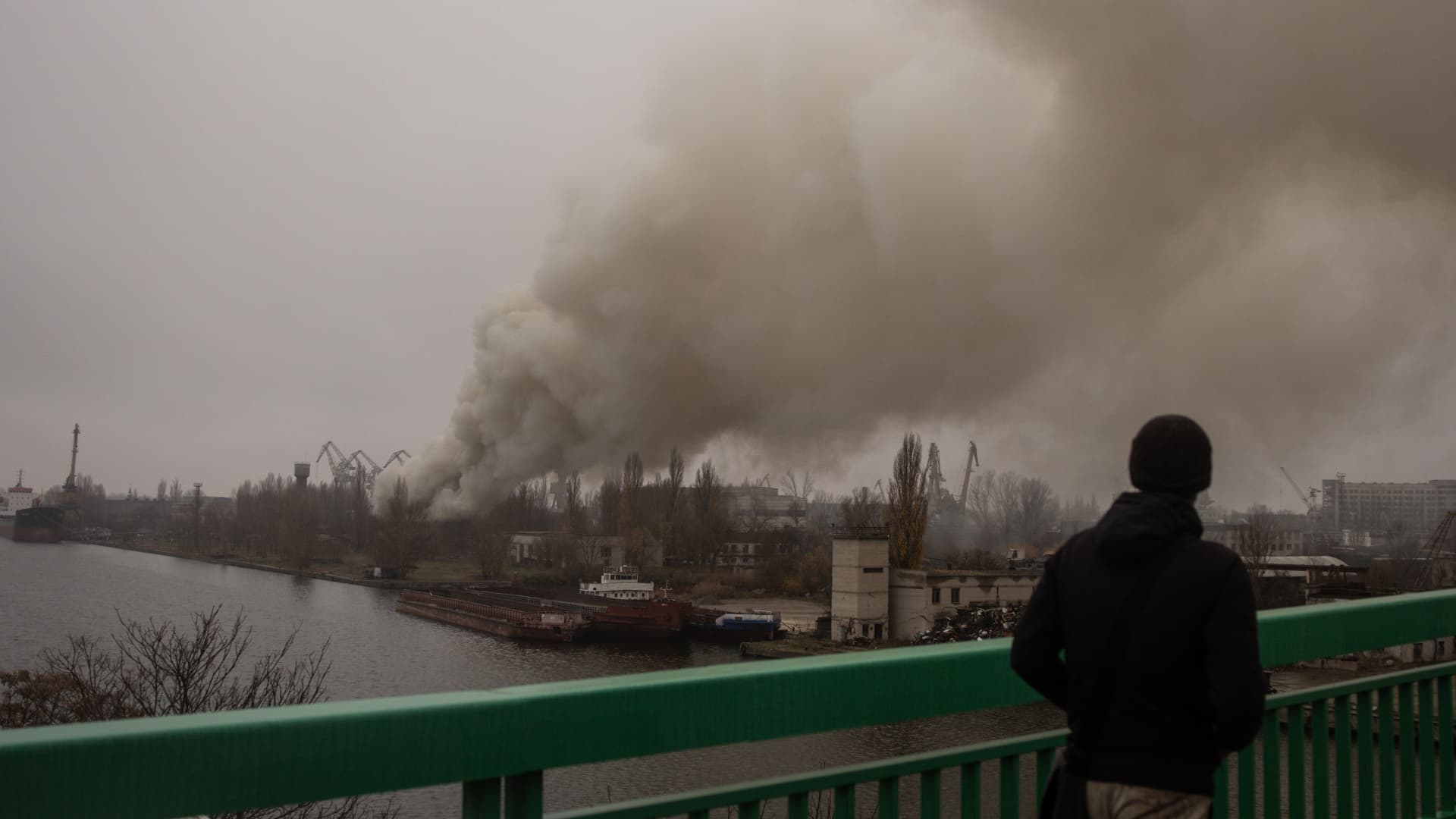 Smoke rising from a Russian strike in the Kherson shipyards on Nov. 24, 2022 in Kherson, Ukraine.