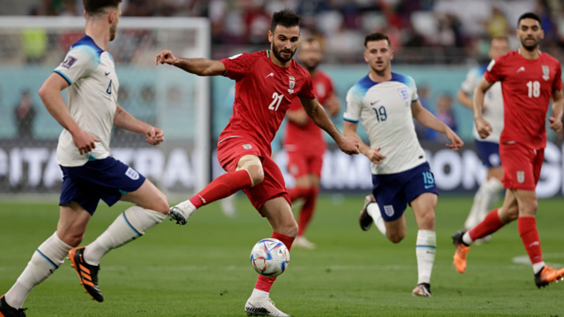 Ahmad Nourollahi of Iran in action during the FIFA World Cup Qatar 2022 Group B match between England and IR Iran at Khalifa International Stadium on November 21, 2022 in Doha, Qatar.