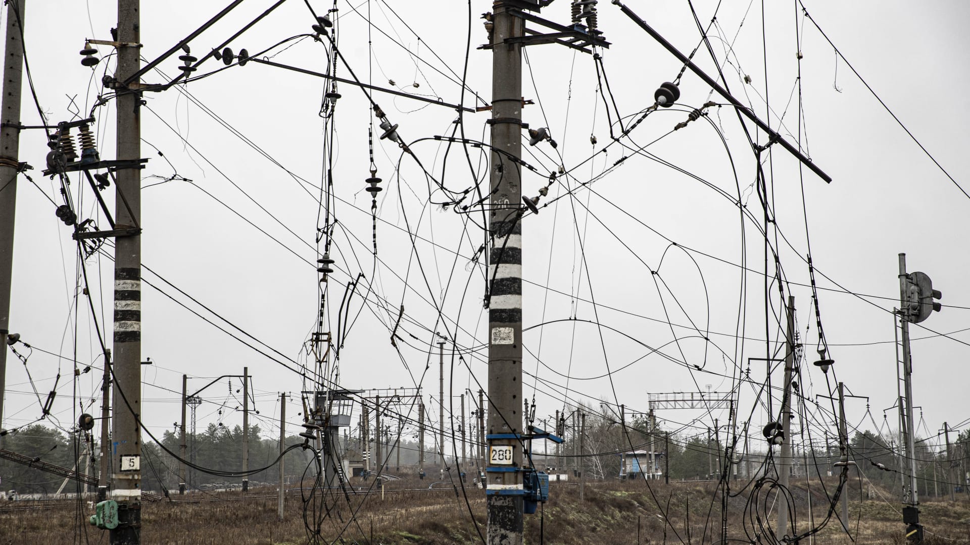 Electrical wires damaged after the Ukrainian army regained control from Russian forces in Lyman, Donetsk Oblast, Ukraine, on Nov. 27, 2022.