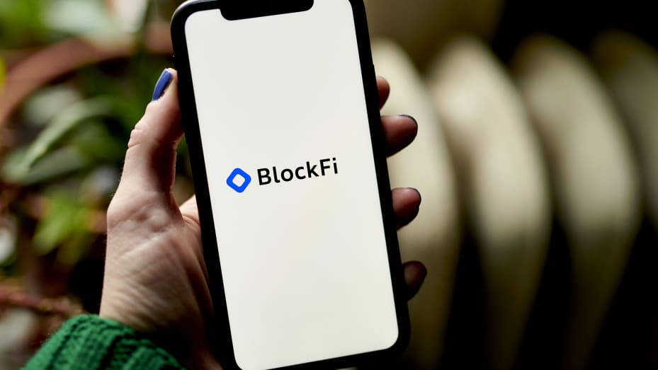 The BlockFi logo on a smartphone arranged in the Brooklyn borough of New York, on Thursday, Nov. 17, 2022.