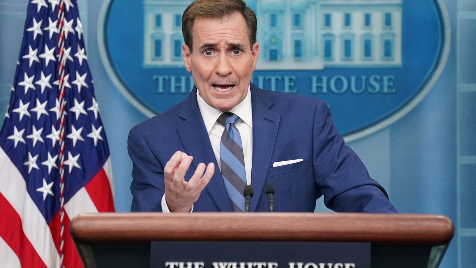 White House National Security Council Strategic Communications Coordinator John Kirby speaks during a press briefing at the White House in Washington, November 28, 2022.