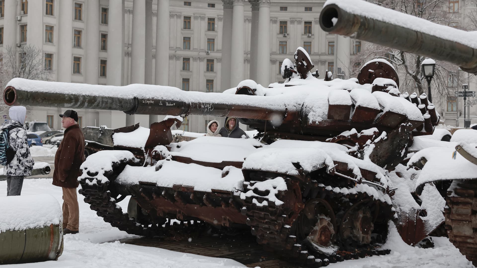 Destroyed Russian vehicles and tanks in Mykhailivska Square on Nov. 19, 2022, in Kyiv, Ukraine. Millions of Ukrainians are facing severe power disruptions after recent waves of Russian missile and drone strikes reportedly left almost half of Ukraine's energy infrastructure disabled and in need of repair, as temperatures plunge.