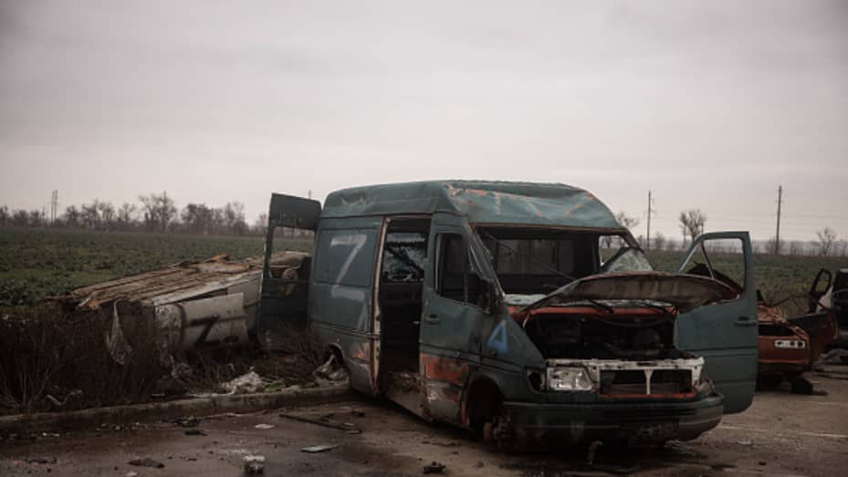 KHERSON, UKRAINE - NOVEMBER 24: A destroyed van used by Russian forces and marked with the "Z" logo is seen on November 24, 2022 in Kherson, Ukraine. These Z markings first appeared on Russian military vehicles at the start of its invasion of Ukraine, probably to identify task forces or reduce friendly fire incidents, but the letter quickly took on broader meaning as a Russian pro-war symbol. As Russian forces have withdrawn from parts of Ukraine they once occupied, they've left a landscape littered with sp