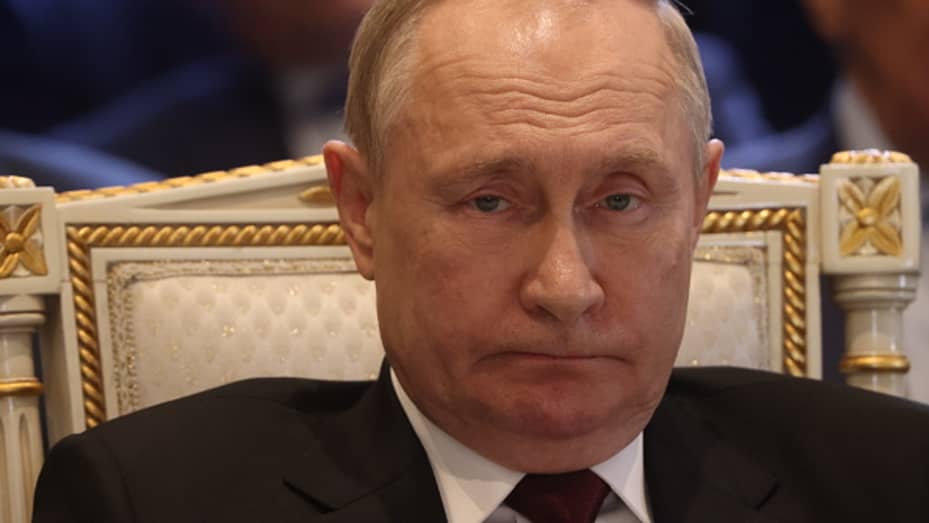 Russian President Vladimir Putin grimaces during the SCTO Summit on November 23, 2022 in Yerevan, Armenia.