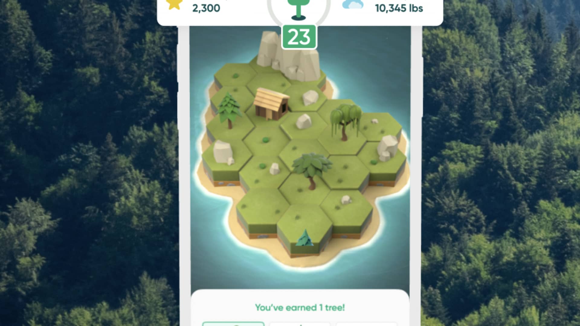 The TreeCard app includes a game that lets users visualize how many trees their activity has helped produce.