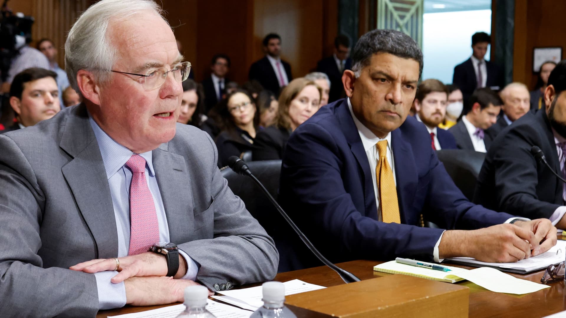 Kroger CEO Rodney McMullen and Albertsons CEO Vivek Sankaran testify about their proposed massive grocery store merger at a Senate Judiciary Committee Competition Policy, Antitrust, and Consumer Rights Subcommittee hearing on Capitol Hill in Washington, November 29, 2022.